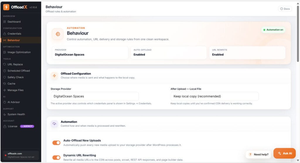 OffloadX Behaviour settings with Auto-Offload New Uploads and Dynamic URL Rewriting switched on