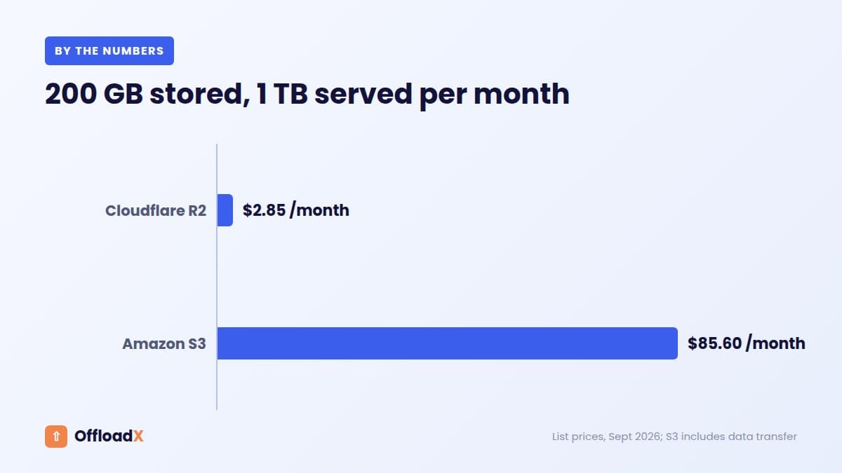 Cloudflare R2 vs Amazon S3: 200 GB stored, 1 TB served per month